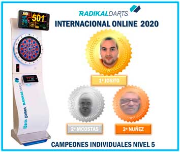 Campeones Individuales del Internacional RadikalDarts 2020. 1º Josito, 2º MCostas y 3º Nuñez