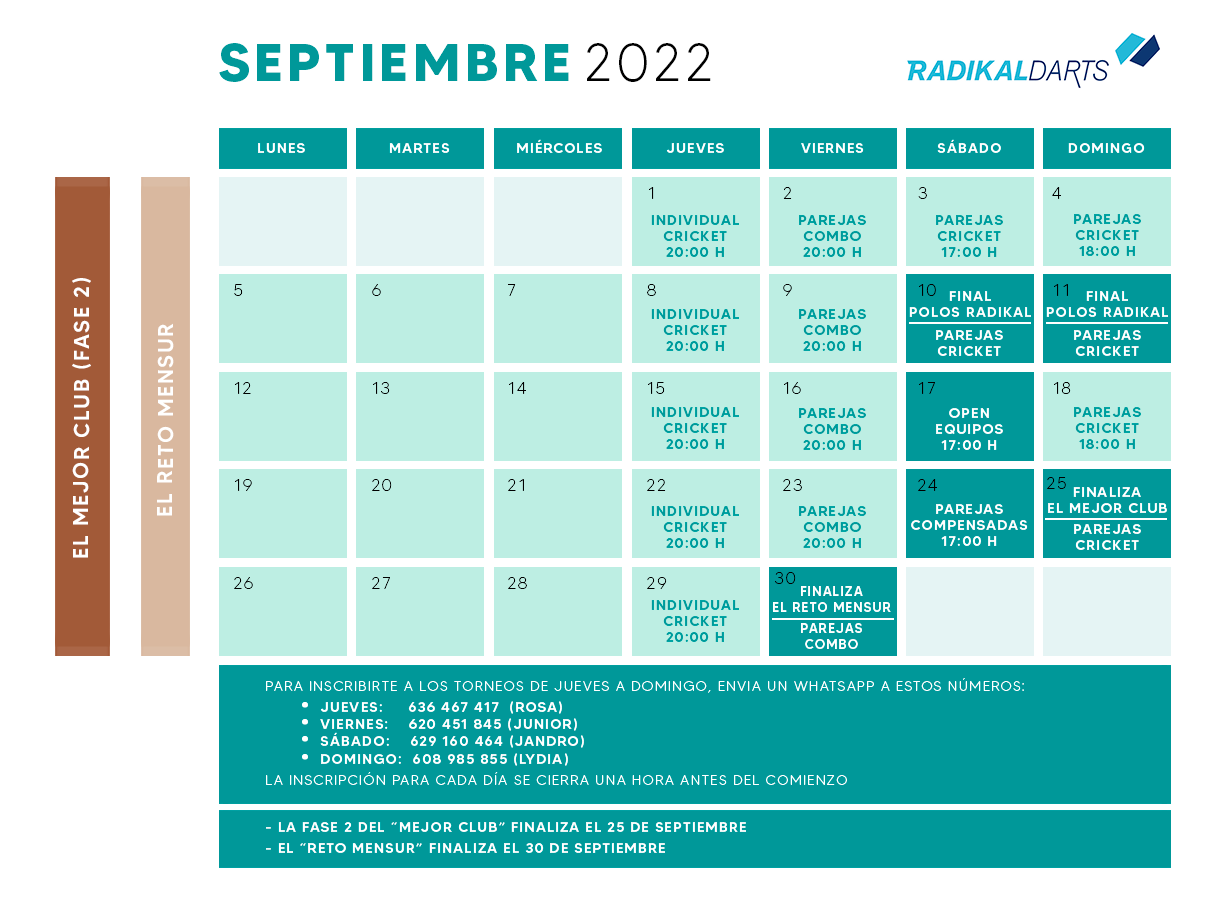 Calendario de dardos de Septiembre 2022 Radikal Darts