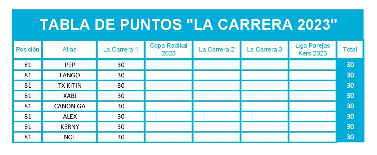 Tabla de puntos de La Carrera Radikal Darts players